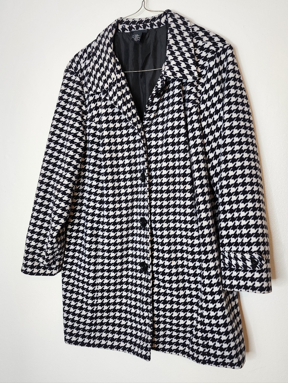 Vintage Houndstooth Womens Pea Coat Winter Black White Car Coat Church Office - Picture 2 of 7